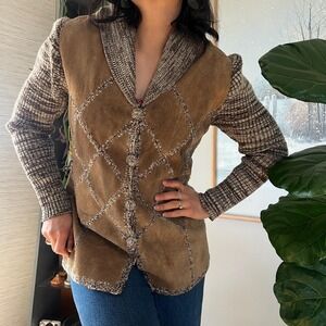 Vintage Suede Knit Jacket Leather Patchwork Cardigan 90s Textured Coat